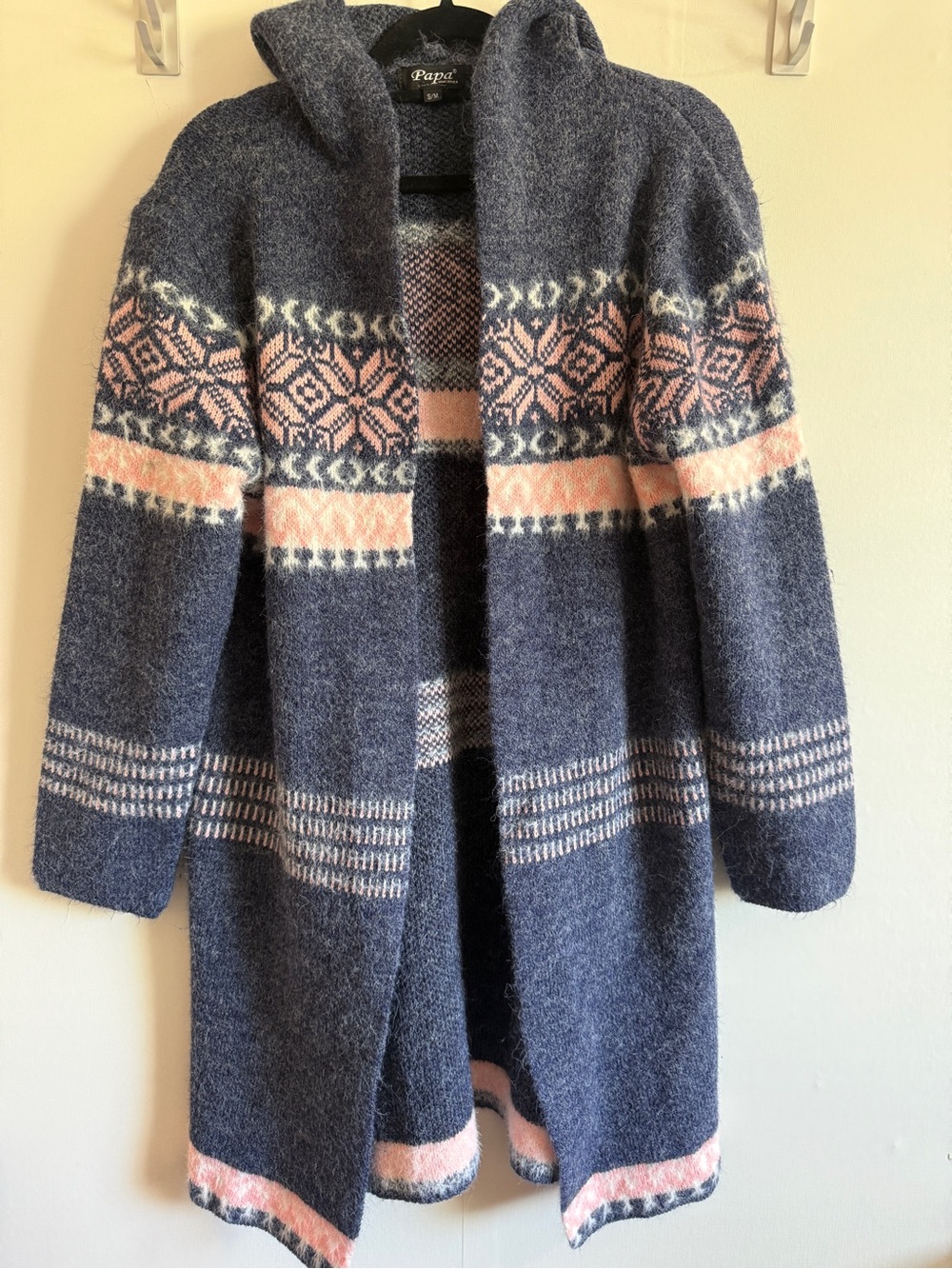 Papa Vancouver Nordic Fair Isle Hooded Long Cardigan Blue Pink S/M
